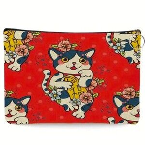 Cute Red Lucky Cat Large zip makeup bag 10x7" maniki neko‎